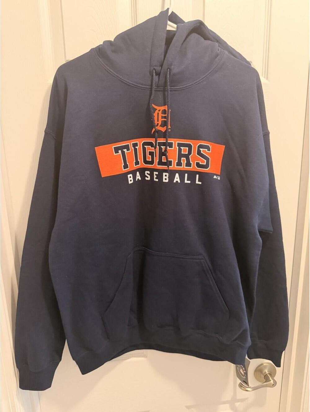 Detroit Tigers MLB Majestic Baseball Mens LARGE L Pullover Hoodie Navy NEW